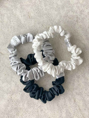 Silk Skinny Scrunchies, Set of 6 - Midnight Black, Dove Grey, Ivory White