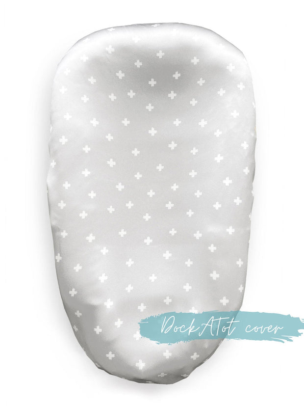 Sleepy Silk, Silk Lounger Cover / Bassinet Fitted Sheet - Dove Grey Crosses (SS-LB-GR01) for use as a DockATot cover, Snuggle Me cover and Boppy cover