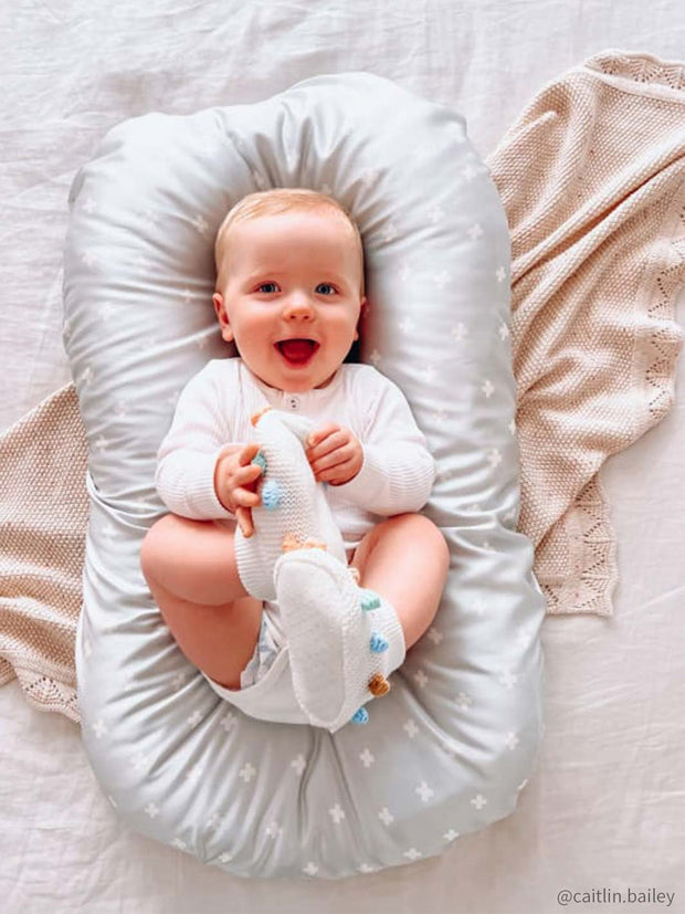 Sleepy Silk, Silk Lounger Cover / Bassinet Fitted Sheet - Dove Grey Crosses (SS-LB-GR01) for use as a DockATot cover, Snuggle Me cover and Boppy cover