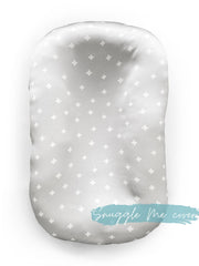 Sleepy Silk, Silk Lounger Cover / Bassinet Fitted Sheet - Dove Grey Crosses (SS-LB-GR01) for use as a DockATot cover, Snuggle Me cover and Boppy cover