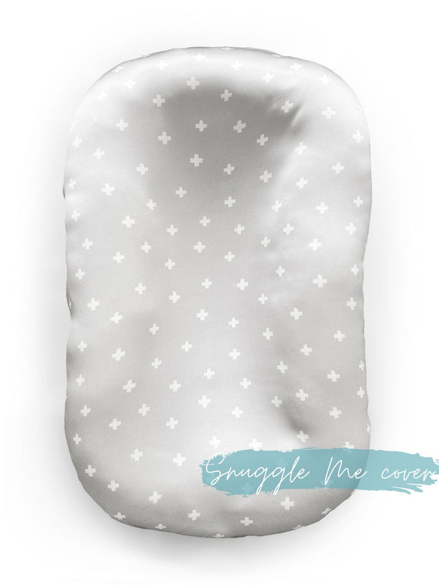 Sleepy Silk, Silk Lounger Cover / Bassinet Fitted Sheet - Dove Grey Crosses (SS-LB-GR01) for use as a DockATot cover, Snuggle Me cover and Boppy cover